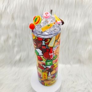 Candy and snacks skinny tumbler drinking cup 20 Oz. with ice topper.